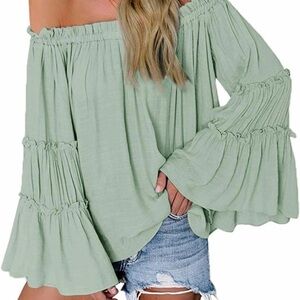 Off-Shoulder Ruffle Sleeve Top - Green